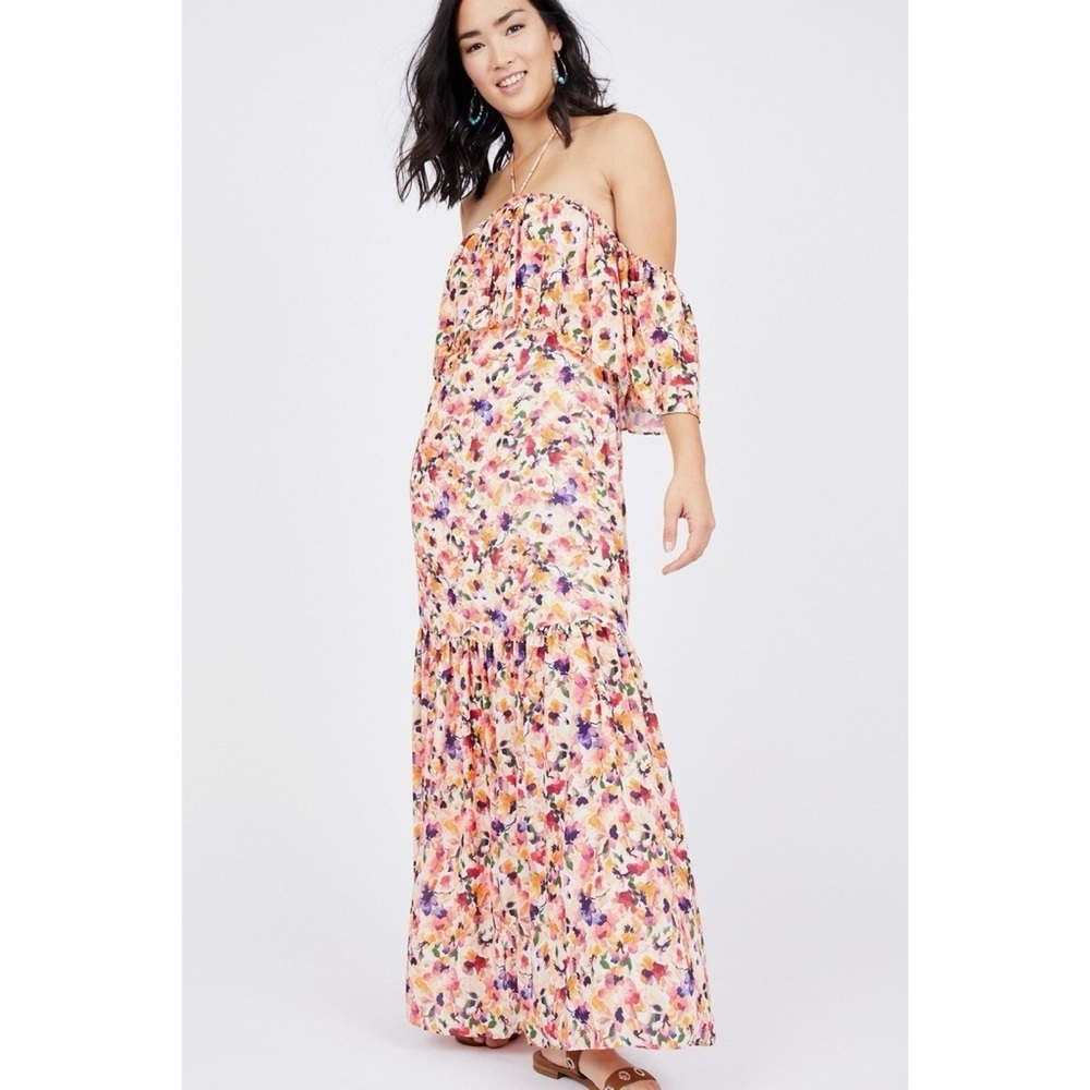 NWT Catherine Malandrino Floral Halter Off-Shoulder Maxi Tiered Dress Medium